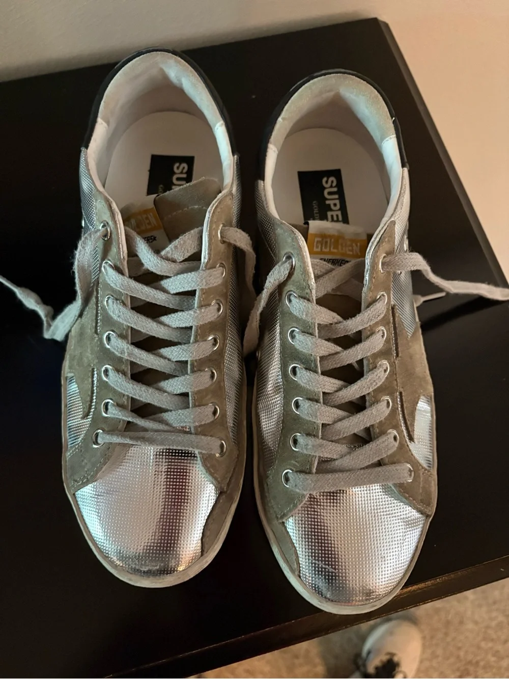 Golden Goose Metallic Silver Low-Top Sneakers with Tan Star